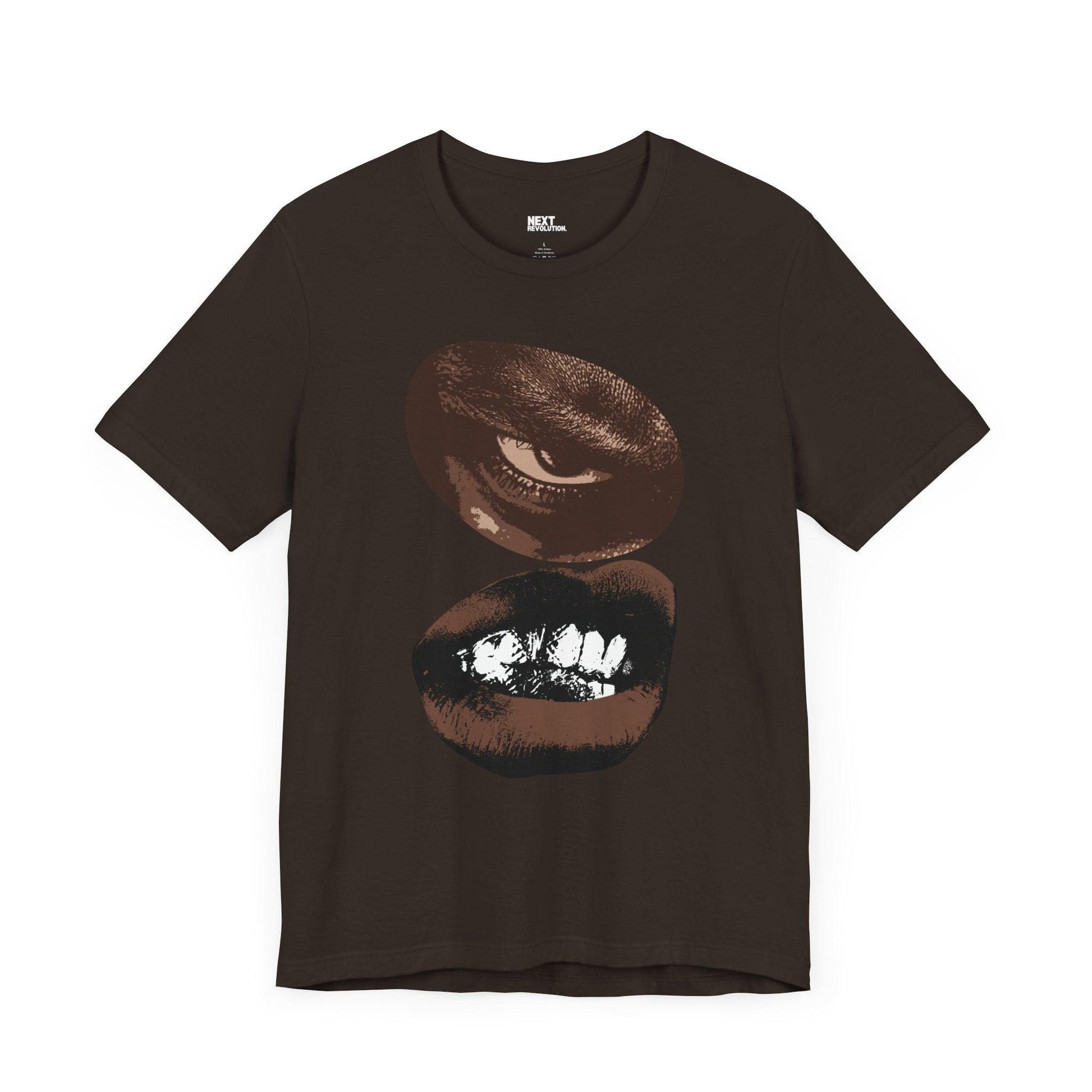 Edgy Eye and Mouth Design Bold Graphic Unisex Tee Chocolate Brown Front