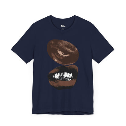 Edgy Eye and Mouth Design Bold Graphic Unisex Tee Navy Front