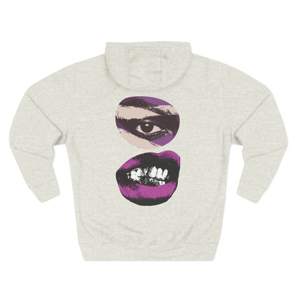 Bold Eye and Lip Design Women's Graphic Hoodie Oatmeal Back