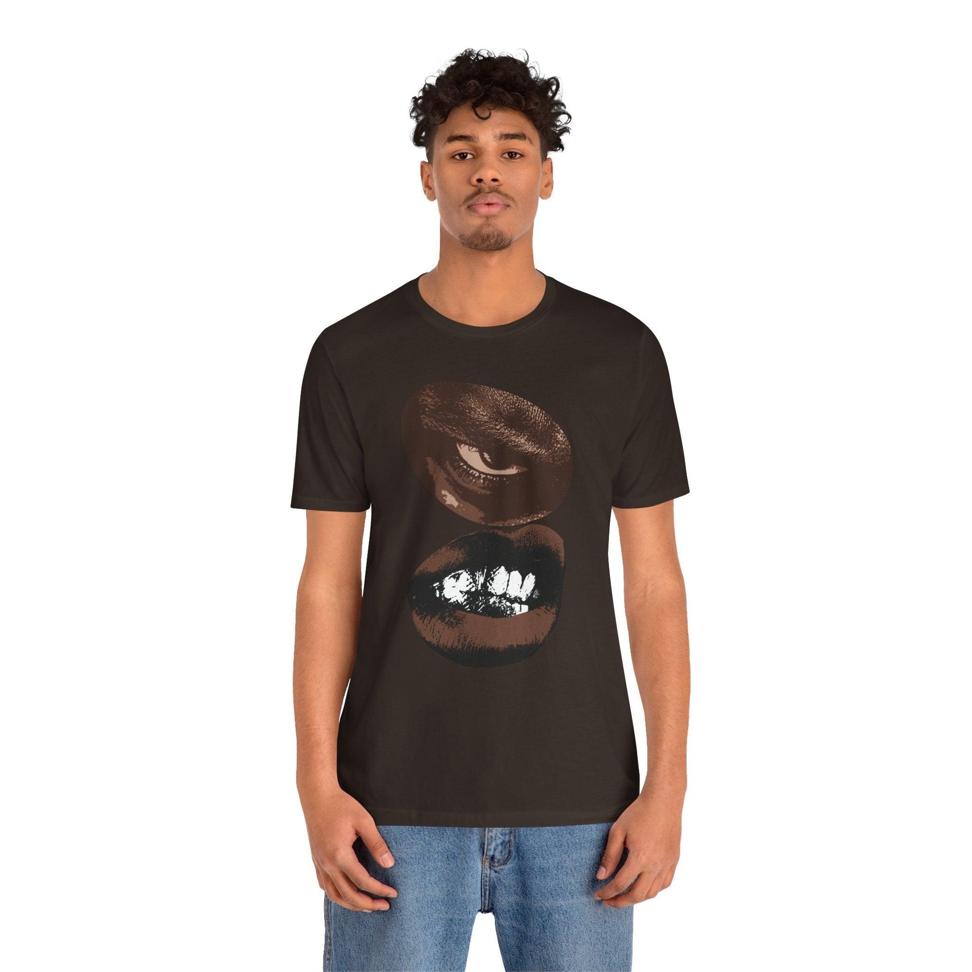 Edgy Eye and Mouth Design Bold Graphic Unisex Tee Chocolate Brown Model 