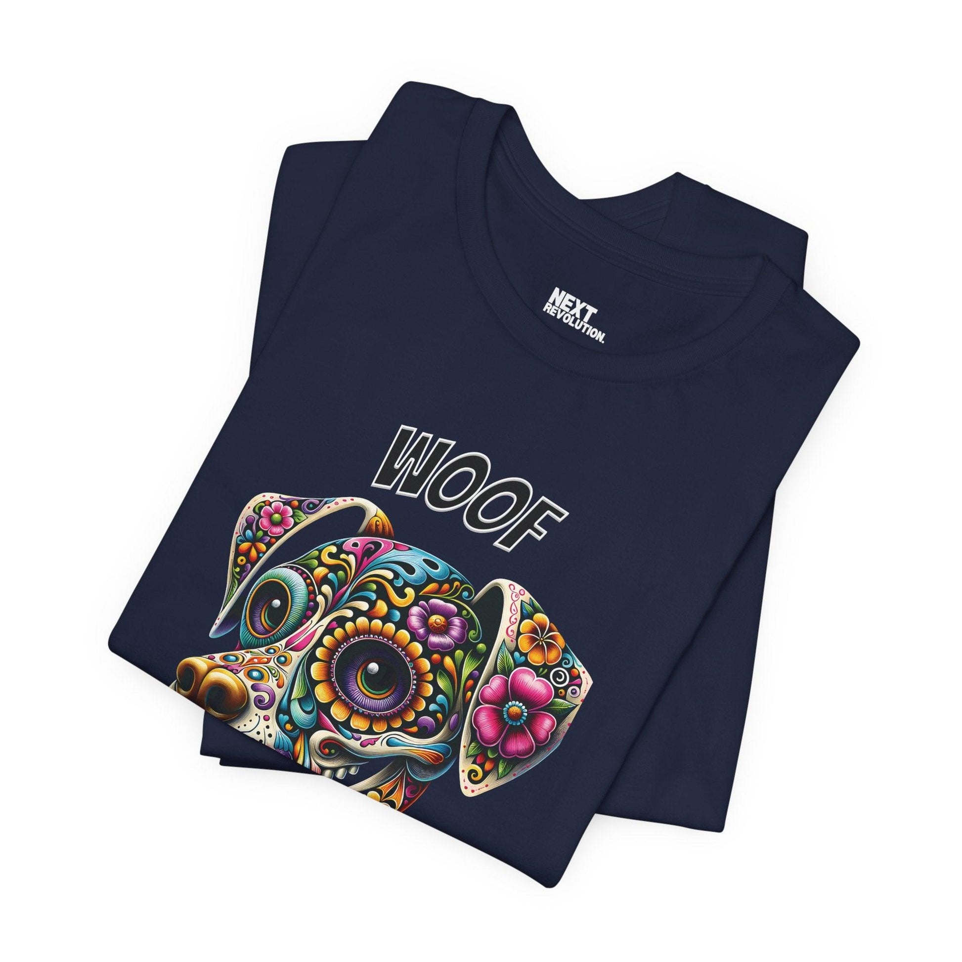 Woof from the Afterlife Day of the Dead T-Shirt Navy Folded