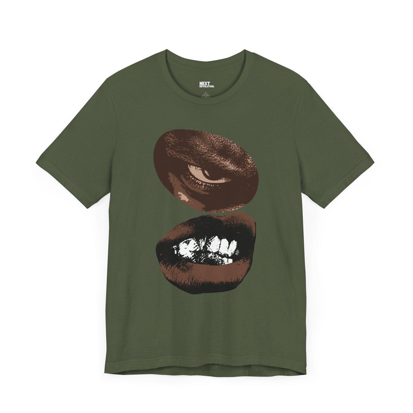 Edgy Eye and Mouth Design Bold Graphic Unisex Tee Military Green Front