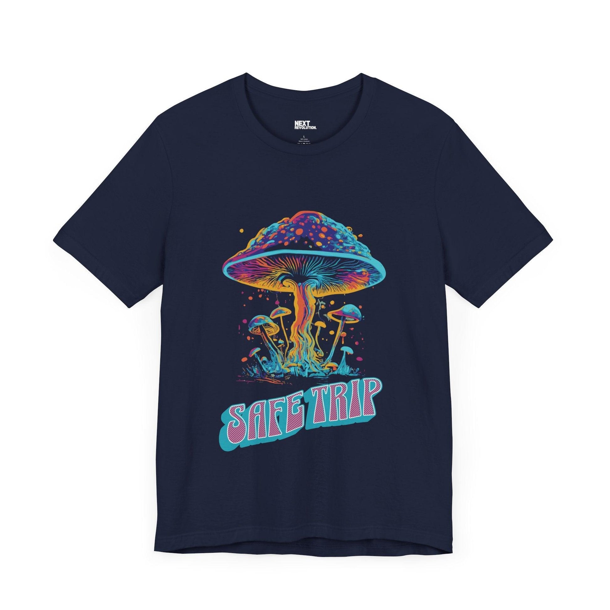 Safe Trip Psychedelic Mushroom Tee Unisex Cotton Navy Front
