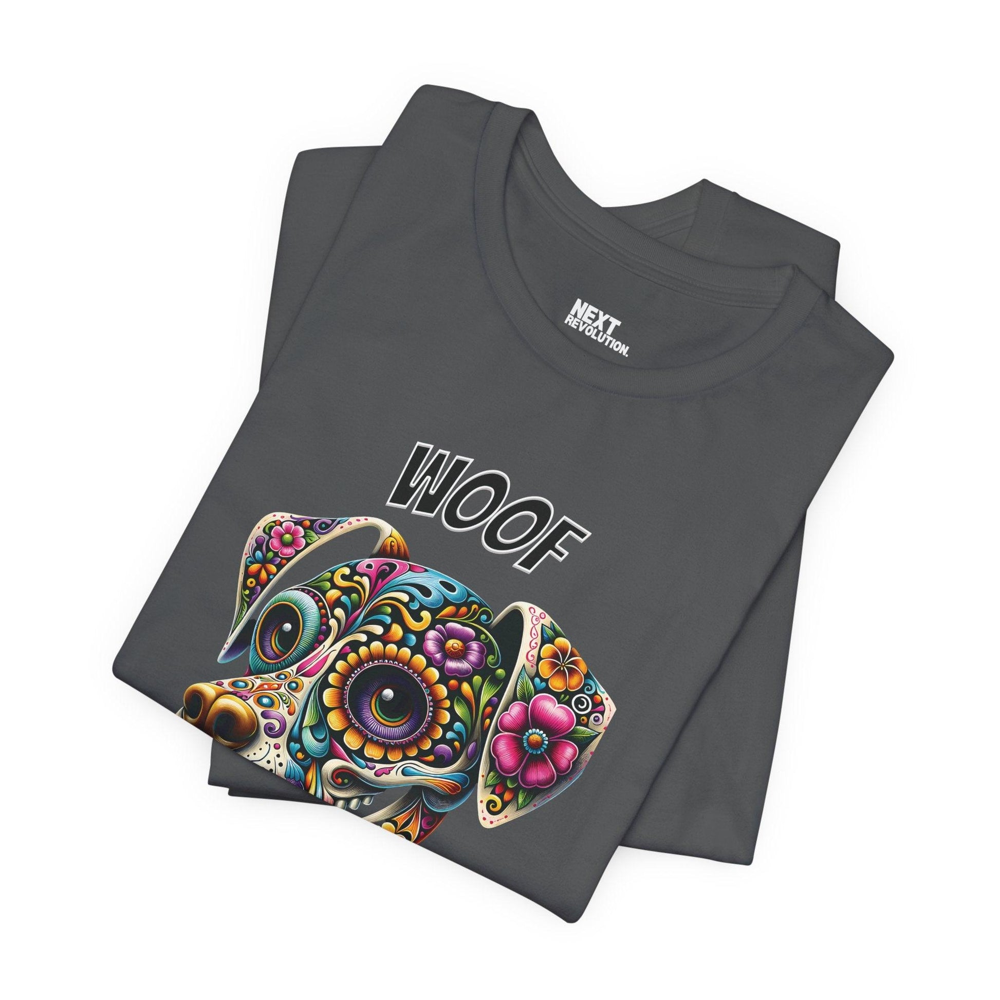 Woof from the Afterlife Day of the Dead T-Shirt Dark Gray Folded