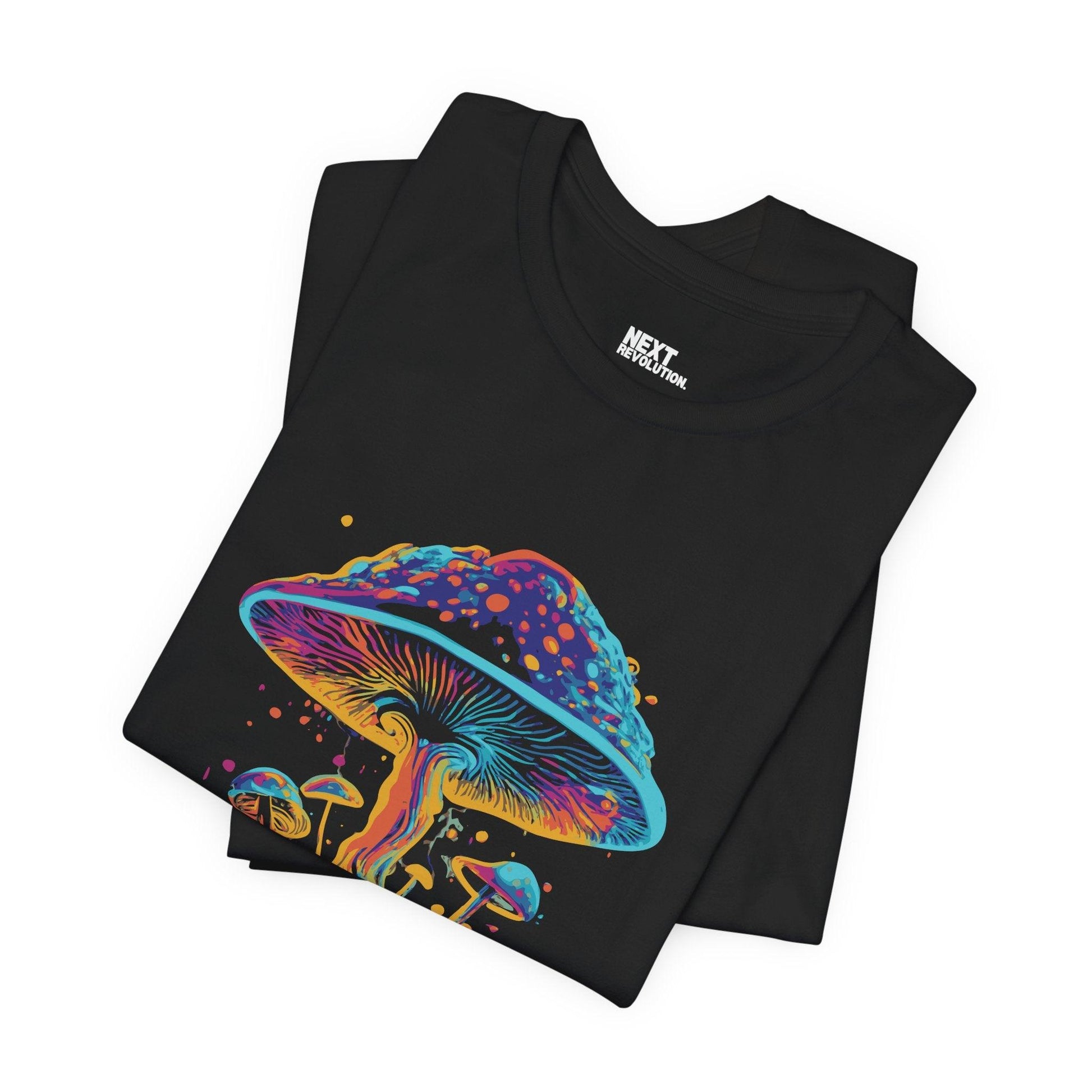 Safe Trip Psychedelic Mushroom Tee Unisex Cotton Black Folded
