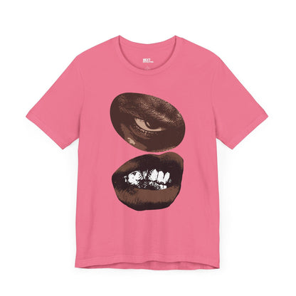 Edgy Eye and Mouth Design Bold Graphic Unisex Tee Pink Front